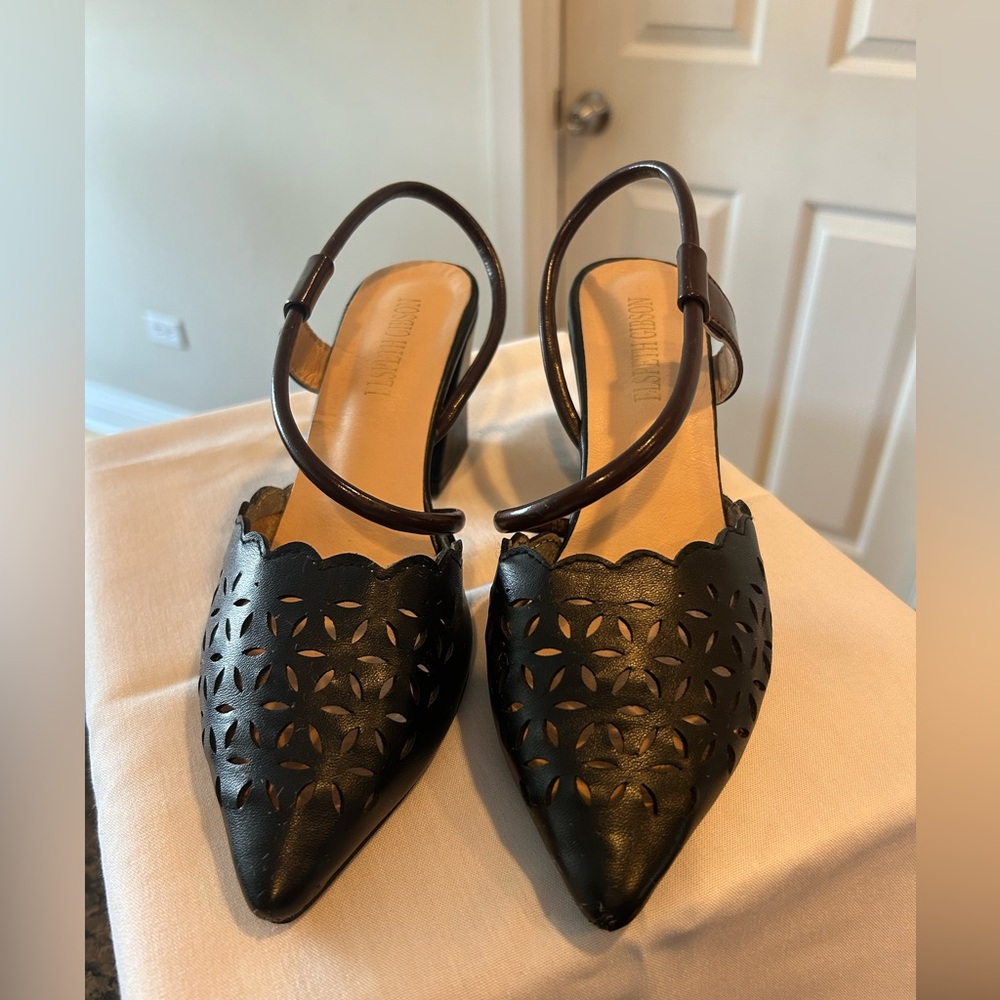 Elspeth Gibson Black Leather Cutout Slingback Heels